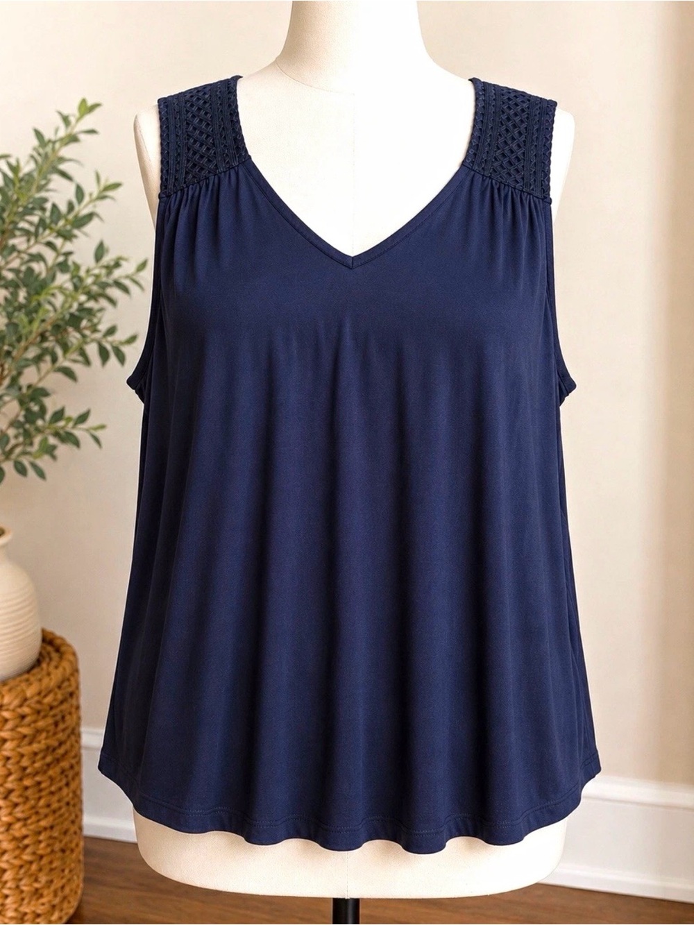 Cupio Navy Crochet-Shoulder V-Neck Tank 3X